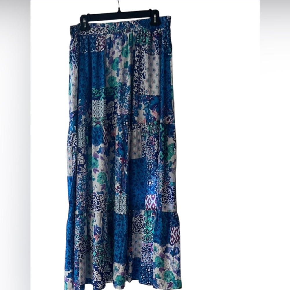 Rusttydustty Boho Blue Patchwork Maxi Skirt XL Embellished Waistband Festival EU - Picture 4 of 11
